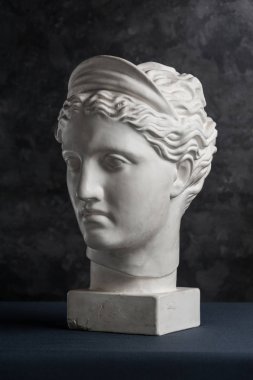 Diana heykelinin alçıtaşı kopyası koyu dokulu arka planda. Alçı heykel kadın yüzü.