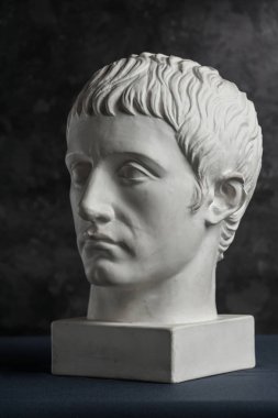 Koyu dokulu arka plan üzerinde antik heykel Germanicus baş Alçı kopya. Alçı heykel adam yüz.