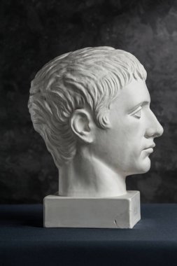 Koyu dokulu arka plan üzerinde antik heykel Germanicus baş Alçı kopya. Alçı heykel adam yüz.