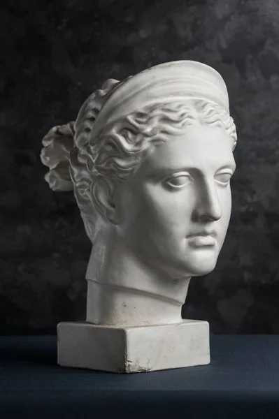 Copia de yeso de la antigua estatua Diana cabeza sobre un fondo de textura oscura. Escultura de yeso cara de mujer. — Foto de Stock