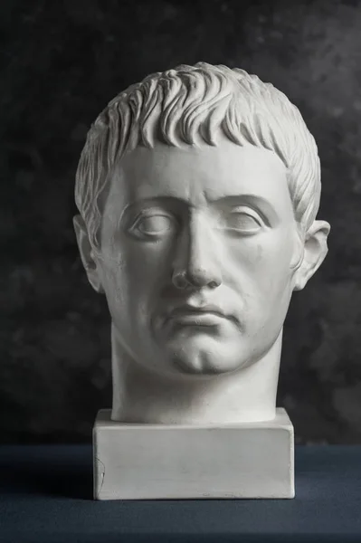 Cópia de gesso da estátua antiga Germanicus cabeça sobre fundo texturizado escuro. gesso escultura cara homem . — Fotografia de Stock