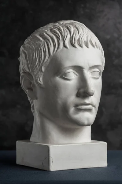 Copia de yeso de la antigua estatua germánica cabeza sobre fondo de textura oscura. Escultura de yeso hombre cara . — Foto de Stock