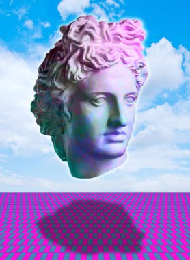 Apollo ve gökyüzünün antik heykel yüzü ile gerçeküstü modern kavramsal sanat posteri. Çağdaş sanat kolajı.