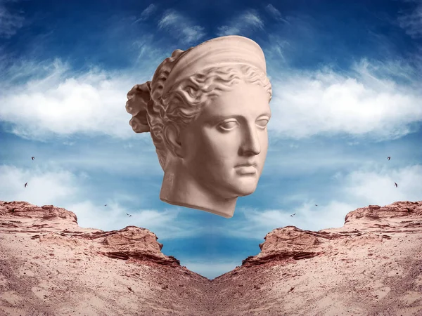 Modern conceptual art poster with ancient statue of bust of Diana. Collage of contemporary art.
