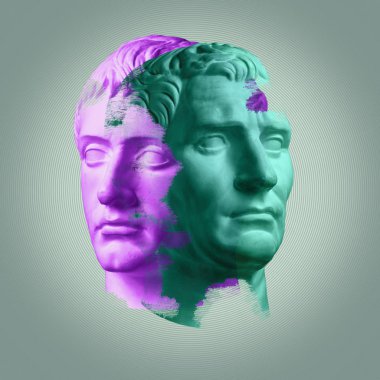 Octavian Augustus ve Germanicus'un antik büstü heykelinin yer verdiği modern kavramsal sanat afişi.