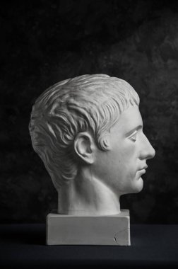 Koyu dokulu arka plan üzerinde antik heykel Germanicus baş Alçı kopya. Alçı heykel adam yüz.