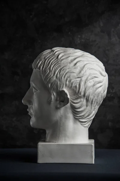 Copia de yeso de la antigua estatua germánica cabeza sobre fondo de textura oscura. Escultura de yeso hombre cara . — Foto de Stock