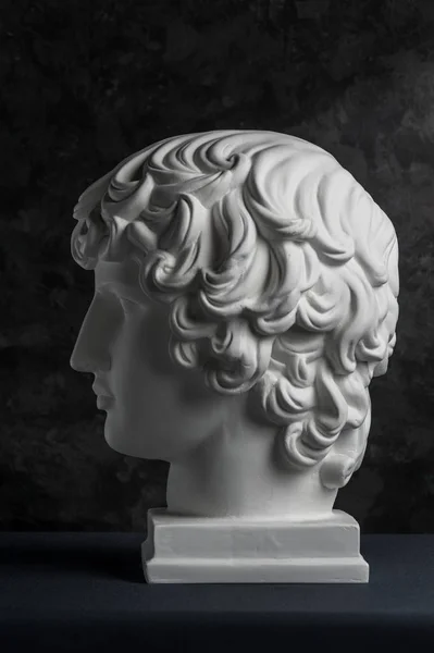 Gipsowe kopię starożytnego posągu Antinous głowę na ciemnym tle teksturowane. Gipsowy rzeźba twarz człowieka. — Zdjęcie stockowe