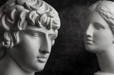 Antik heykel Antinous ve Venüs baş koyu dokulu arka plan üzerinde Alçı kopya. Alçı heykel yüz.