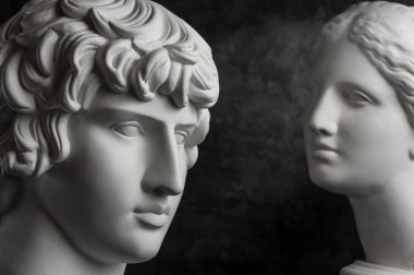 Gypsum copy of ancient statue Antinous and Venus head on dark textured background. Plaster sculpture face. clipart