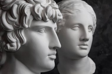 Gypsum copy of ancient statue Antinous and Venus head on dark textured background. Plaster sculpture face. clipart