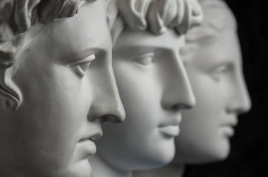 Gypsum copy of ancient statue Apollo, Antinous and Venus head on dark textured background. Plaster sculpture face. clipart