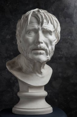Koyu dokulu arka plan üzerinde antik heykel Seneca baş Alçı kopyası. Alçı heykel adam yüz.
