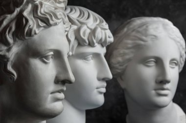 Antik heykel Apollo, Antinous ve Venüs baş alçı kopya koyu dokulu arka plan üzerinde. Alçı heykel yüz.