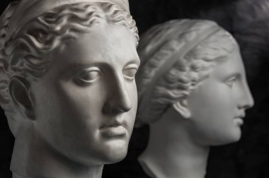 Antik heykel Venüs ve Diana baş koyu dokulu arka plan üzerinde Alçı kopya. Alçı heykel yüz.