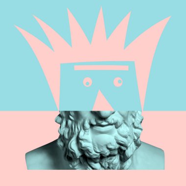 Gerçeküstü bir tarzda antika heykel kafası ile çağdaş sanat kavramı kolaj. Modern sıradışı sanat.