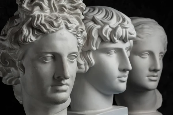 Gipsz másolatát ősi szobor Apollo, Antinous és Venus fejét a sötét texturált háttér. Gipsz szobrászat. — Stock Fotó