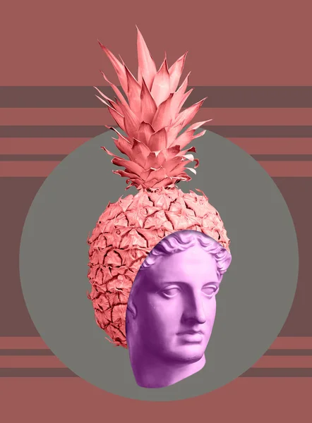 Poster moderner Konzeptkunst mit antiken Statuen von Büste und Ananas. Collage zeitgenössischer Kunst. — Stockfoto