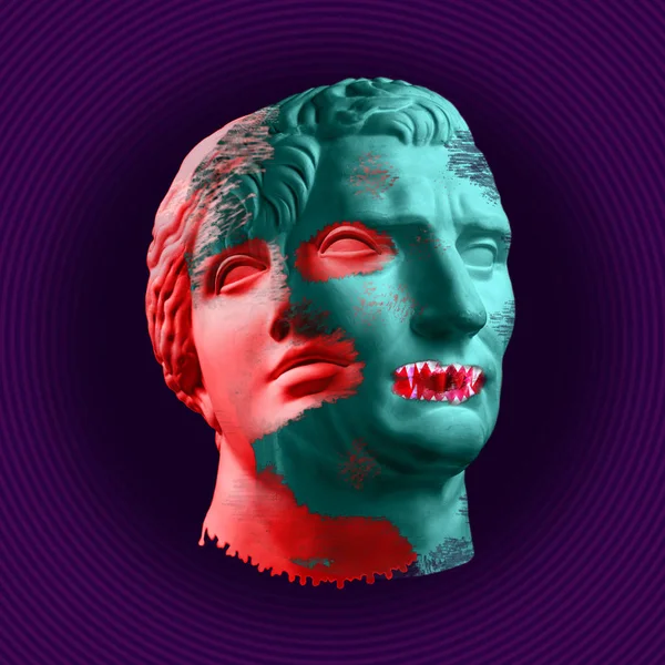 Halloween. Konzeptcollage zeitgenössischer Kunst mit antiken Statuenkopf im surrealen Horror-Stil. — Stockfoto