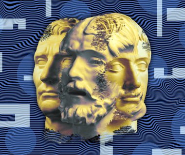 Gerçeküstü bir tarzda antika heykel kafası ile çağdaş sanat kavramı kolaj. Modern sıradışı sanat.