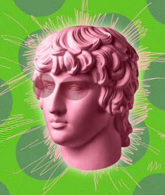 Modern conceptual art poster with ancient statue of bust of Antinous. Collage of contemporary art. clipart