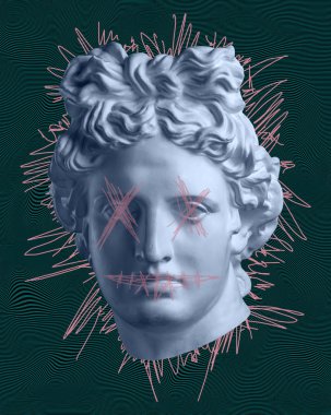 Apollo büstü antik heykeli ile modern kavramsal sanat posteri. Çağdaş sanat kolajı.