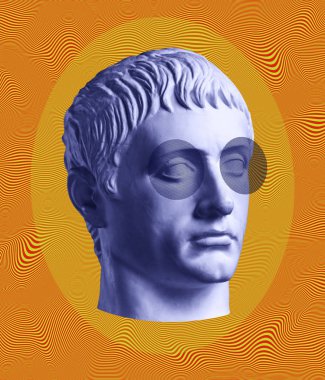 Germanicus büstü antik heykeli ile modern kavramsal sanat posteri. Çağdaş sanat kolajı.