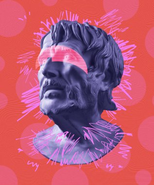 Seneca büstü antik heykeli ile modern kavramsal sanat posteri. Çağdaş sanat kolajı.