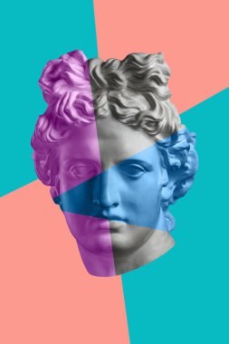 Gerçeküstü bir tarzda antika heykel kafası ile çağdaş sanat kavramı kolaj. Modern sıradışı sanat.