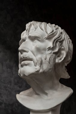 Koyu dokulu arka plan üzerinde antik heykel Seneca baş Alçı kopyası. Alçı heykel adam yüz.