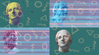 Gerçeküstü bir tarzda antika heykel kafası ile çağdaş sanat kavramı kolaj. Modern sıradışı sanat.