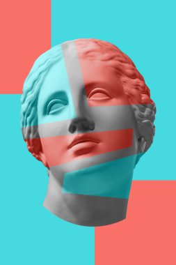 Gerçeküstü bir tarzda antika heykel kafası ile çağdaş sanat kavramı kolaj. Modern sıradışı sanat.