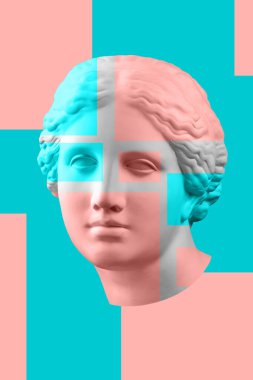 Gerçeküstü bir tarzda antika heykel kafası ile çağdaş sanat kavramı kolaj. Modern sıradışı sanat.