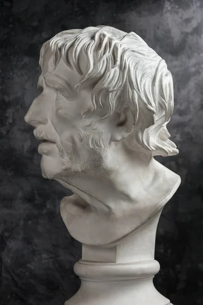 Copia de yeso de la antigua estatua de la cabeza de Séneca sobre fondo de textura oscura. Escultura de yeso hombre cara . — Foto de Stock