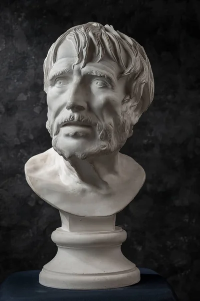Gipsowe kopię starożytnego posągu Seneca głowę na ciemnym tle teksturowane. Gipsowy rzeźba twarz człowieka. — Zdjęcie stockowe