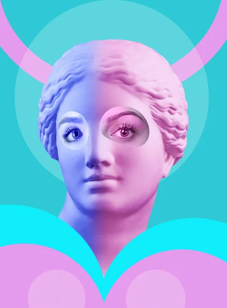 Cartel de arte contemporáneo con la antigua estatua de Venus cabeza y detalles de una cara de mujer viva . —  Fotos de Stock