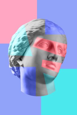 Gerçeküstü bir tarzda antika heykel kafası ile çağdaş sanat kavramı kolaj. Modern sıradışı sanat.