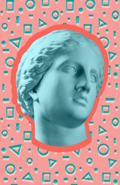 Gerçeküstü bir tarzda antika heykel kafası ile çağdaş sanat kavramı kolaj. Modern sıradışı sanat.
