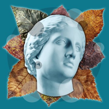 Gerçeküstü bir tarzda antika heykel kafası ile çağdaş sanat kavramı kolaj. Modern sıradışı sanat.