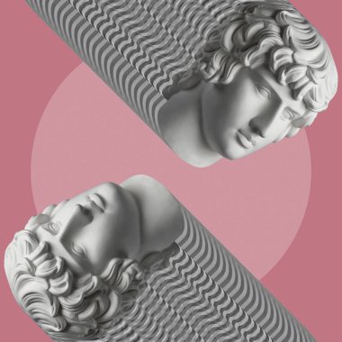 Gerçeküstü bir tarzda antika heykel kafası ile çağdaş sanat kavramı kolaj. Modern sıradışı sanat.