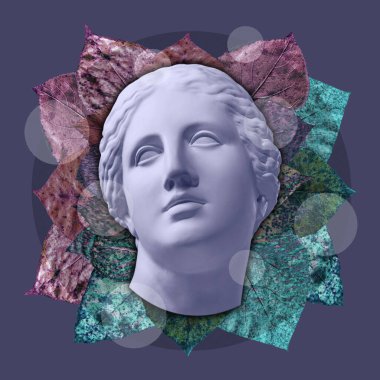 Gerçeküstü bir tarzda antika heykel kafası ile çağdaş sanat kavramı kolaj. Modern sıradışı sanat.