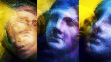 Çağdaş sanat konsepti kolajı. Antik heykel kafası sürrealist tarzda. Modern sıradışı sanat. Arıza efekti, desenli.