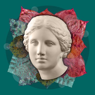 Gerçeküstü bir tarzda antika heykel kafası ile çağdaş sanat kavramı kolaj. Modern sıradışı sanat.