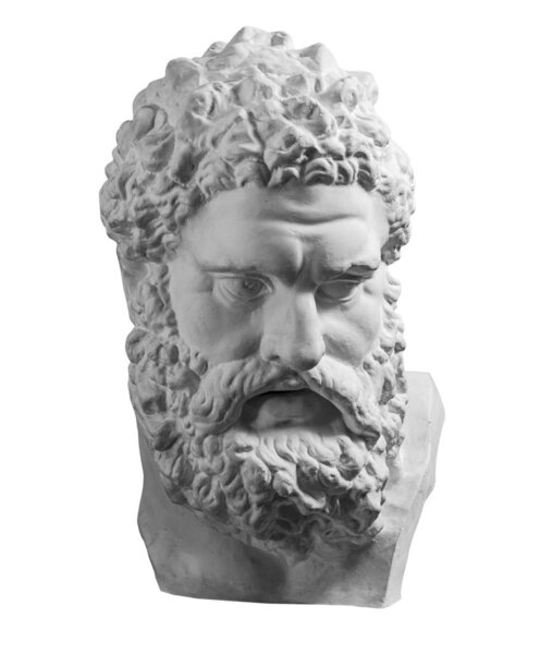 Gypsum copy of ancient statue Heracles head isolated on white background. Plaster sculpture man face.