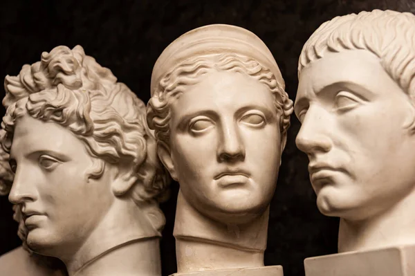 Group gypsum busts of ancient statues human heads for artists on a dark background. Plaster sculptures of antique people faces. Renaissance epoch style. Academic subject. Blank for creativity. — Stock Photo, Image