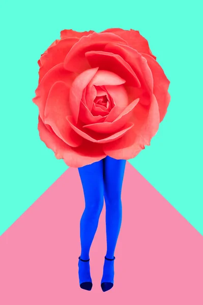 Rose brote y las mujeres hermosas piernas en medias de color ácido y zapatos de tacón alto sobre un fondo colorido. Luz de disco, arte surrealista. Divertido collage de arte moderno en estilo revista, arte pop, cultura zine . —  Fotos de Stock
