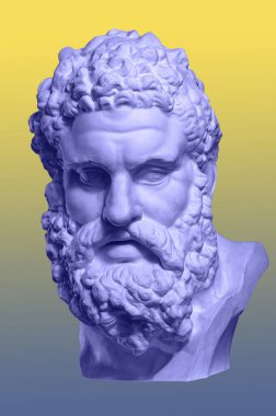 Popüler sanat tarzında insan yüzünün alçıdan yapılmış antik heykelinin kolajı. Antik heykel kafalı yaratıcı renkli neon görüntü. Zine kültürü. Cyberpunk, webpunk ve sürreal tarzı poster.