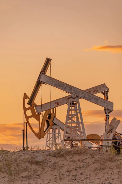 Concepto de petróleo. Plataforma de bomba de aceite. Producción de petróleo y gas. Sitio del campo petrolífero. Jack la bomba está funcionando. Drilling derricks for fossil fuels output and crude oil production. Crisis global. Guerra contra los precios del petróleo. — Foto de Stock