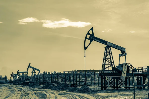 Concepto de petróleo. Plataforma de bomba de aceite. Producción de petróleo y gas. Sitio del campo petrolífero. Jack la bomba está funcionando. Drilling derricks for fossil fuels output and crude oil production. Crisis global. Guerra contra los precios del petróleo. —  Fotos de Stock