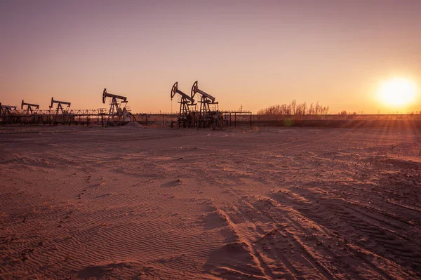 Oljepumpsrigg. Olje- och gasproduktion. Oljefält. Pump Jack springer. Borrkranar för produktion av fossila bränslen och råolja. Krig mot oljepriserna. Krisen med det globala coronaviruset COVID 19. — Stockfoto